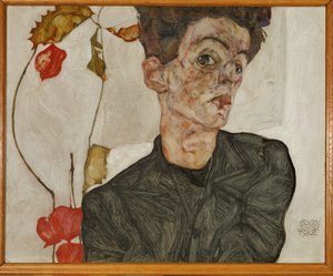 Autoportrait à la lanterne chinoise et aux fruits (peinture sur bois)