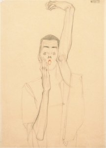 Autoportrait avec un bras levé et une bouche rouge - Egon Schiele