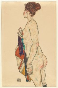 Nu debout avec robe à motifs