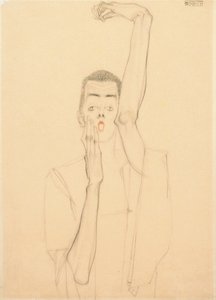 Jeune homme avec un bras levé et une bouche rouge, 1909 - Egon Schiele