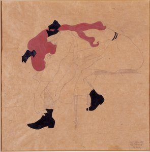 Jeune Fille avec Ruban Noir dans les Cheveux Rouges, mettant ses Chaussures, 1909 - Egon Schiele