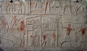 Disposition des aliments dans les entrepôts, relief mural en calcaire, de la tombe Memphite de Horemheb à Saqqara, Civilisation égyptienne, Nouvel Empire, Dynastie XVIII