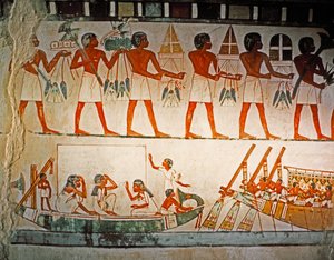 ART EGYPTIEN : Peinture murale dans la tombe de Nakht à Elwet el-Sheik Abdel Q..., vers 1425 avant J.-C. (pierre calcaire)