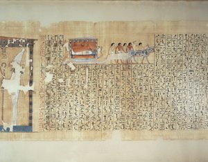 Papyrus représentant le transport du sarcophage sur un chariot tiré par des bœufs, du Livre des Morts de Maiherperi