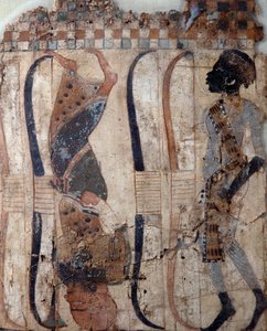 Prisonniers des pays conquis, peint sur matériau du tombeau de Toutankhamon, civilisation égyptienne, Nouvel Empire, XVIIIe dynastie, (détail)