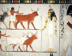 Bergers et bétail devant la déesse Imentet, fresque, mur sud, chambre longitudinale, tombe thébaine TT69, Sheikh Abd el-Qurna, Thèbes (Liste du patrimoine mondial de l