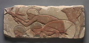 Talatat : Hommes bêchant la terre, vers 1353-1347 av. J.-C. (grès peint) - Egyptian 18th Dynasty