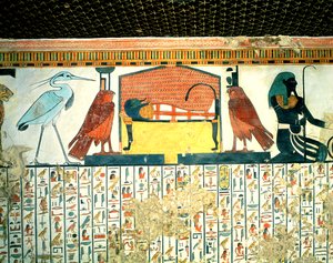 Momie sur un lit funéraire avec diverses divinités, de la tombe de Néfertari, Nouvel Empire (peinture murale)