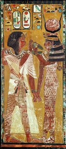 Relief représentant la déesse Hathor plaçant le collier magique sur Seti I (c.1394-1279 av. J.-C.) Nouveau Royaume (calcaire peint)