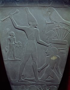 La Palette de Narmer : palette cérémonielle représentant le roi Narmer, portant la couronne blanche de la Haute-Égypte, frappant un prisonnier, trouvée à Hiérakonpolis, Période dynastique précoce, vers 3000 av. J.-C. - Egyptian 1st Dynasty