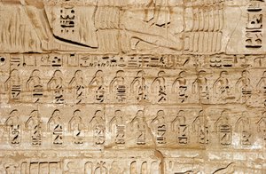 Antiquité égyptienne : détail des reliefs du premier pylône représentant les emblèmes des villes conquises par le pharaon Ramsès III. Temple funéraire de Ramsès III (1187-1156 av. J.-C.). Louxor, Medinet Habou, Égypte - Egyptian 20th Dynasty