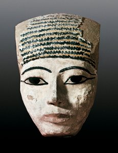 Égypte ancienne : Portrait pour un sarcophage égyptien. XVIIe-XIIe siècle av. J.-C. Sculpture en bois polychrome. Monistrol de Montserrat, Musée de Montserrat - Egyptian Egyptian