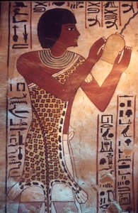 Égypte ancienne, tombe de Sennufer, Thèbes, Louxor, peinture murale, fresque, le fils de Sennufer présidant au festin funéraire, portant une robe en peau de léopard - Egyptian Egyptian