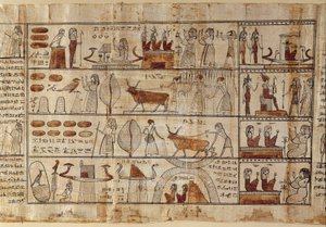 Antiquités égyptiennes : les Champs Élysées. Peinture sur papyrus du Livre des Morts. Période ptolémaïque. Musée égyptien de Turin
