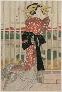 La courtisane Meizan du Chojiya sur un balcon surplombant la rivière Sumida, début ou milieu des années 1820 - Kikugawa Eizan