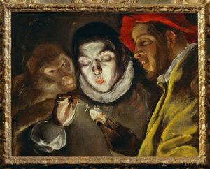 Singe, garçon allumant une bougie et homme