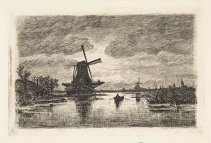 Paysage avec deux moulins et une barque