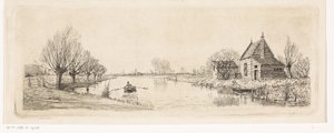 Paysage fluvial avec maison en bois