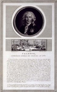 Calonne, contrôleur général des finances, en 1787, portrait gravé par Charles Levachez, avec une scène de l