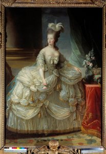 Portrait en pied de Marie-Antoinette de Lorraine Habsbourg, reine de France (1755-1793) en grande robe de cour, une rose à la main