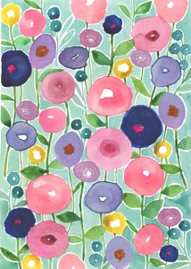 Coquelicots en fleurs sur fond aqua, 2018 (aquarelle)
