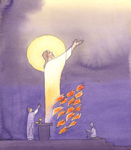 À la messe, nous prions avec le Christ qui tend la main au Père dans l