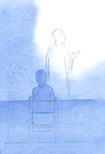 Le Christ - Son dos tourné vers moi - fait face au Père et offre notre prière de grâce avant les repas