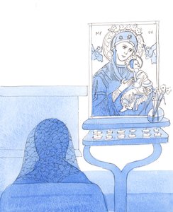 Le Christ nous invite à faire confiance à sa sainte Mère Marie et à demander ses prières, notamment sous le titre "Mère du Perpétuel Secours", 2005 (aquarelle sur papier).