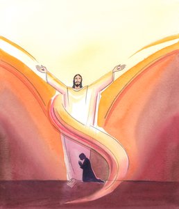Le Christ est vraiment présent dans le tabernacle, priant constamment pour nous, les bras étendus en prière vers le Père au-dessus, que le Christ voit demeurer dans la gloire que nous ne pouvons pas encore voir - Elizabeth Wang