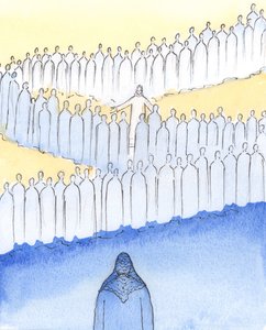Le Christ se promenait parmi Ses Saints au Ciel, prêtant une attention personnelle à chacun d