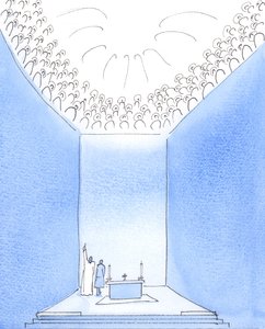 Dieu le Père est entouré au ciel par les saints qui partagent sa joie, 2005 (aquarelle sur papier)
