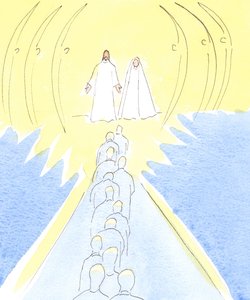 Jésus crucifié attend à la porte du ciel, avec sa mère Marie et les saints anges - Elizabeth Wang