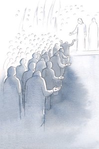 Jésus crucifié attend à la porte du Ciel, avec Sa mère Marie et les saints anges