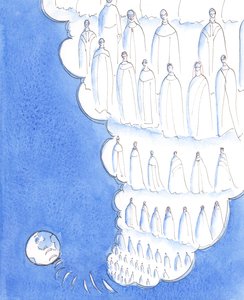 Puis le Seigneur a emmené mon âme comme dans les hauteurs du Ciel, pour me montrer que, dans une telle perspective, la Terre est très petite et la vie terrestre très brève, 2005 (aquarelle sur papier) - Elizabeth Wang