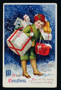 Garçon avec des Cadeaux, carte de Noël du début du 20ème siècle