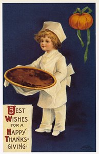 Action de grâce : carte de vœux avec un enfant déguisé en cuisinier présentant le plat traditionnel
