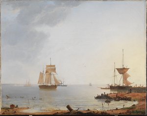 Navires au large de la côte de Zélande. Matin