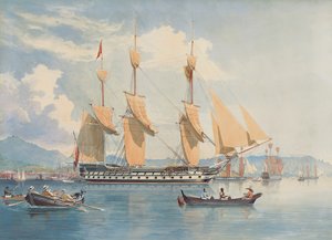 HMS Ganges au mouillage et séchant ses voiles au large de Rio de Janeiro