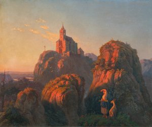 Paysage avec église au crépuscule