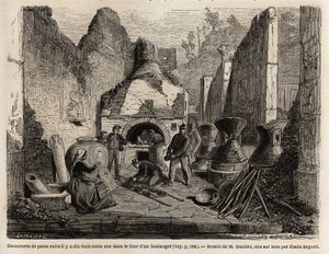 Découverte par un four de boulangerie et pain conservé dans la cendre lors des fouilles de 1864 à Pompéi, dessin pour illustrer le texte de Marc Monnier « Pompéi et les Pompéiens ». Gravure dans « Le tour du monde », édité par