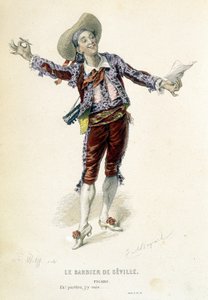 Figaro dans « Le barbier de Séville » dans les « Œuvres complètes de Beaumarchais », éd. Laplace Sanchez & cie, Paris - Emile Antoine Bayard