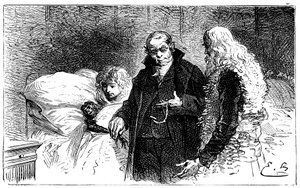 Illustration pour le roman de Hector Malot « Sans Famille » : Joli-Cœur, le singe savant malade, est examiné par un médecin en présence de Rémi et Monsieur Vitalis