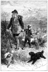 Illustration par Emile Bayard pour le roman de Hector Malot "Sans Famille": Rémi part avec Monsieur Vitalis, artiste itinérant et ses animaux savants les trois chiens Capi, Zerbino et Dolce - Emile Antoine Bayard