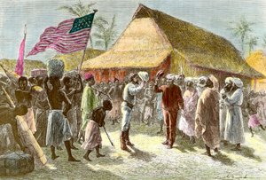 Rencontre à Ujiji sur les rives du lac Tanganyika entre Henry Morton, explorateur et journaliste gallois (1841-1904) et David Livingstone, missionnaire écossais explorateur du continent africain (1813-1873), le 10 novembre