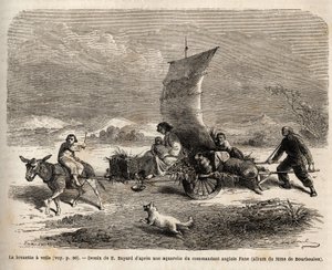 La brouette à voile, système de locomotion utilisé dans le nord de la Chine, dessin d