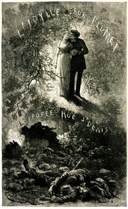 Les Misérables de Victor Hugo : intrigue sentimentale sur fond de fresque historique. Cosette et Marius amoureux (idylle rue Plumet) et les barricades de Paris (Révolution - Épopée rue Saint-Denis). Illustration par Émile Bayard pour l