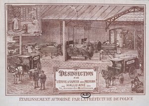 Affiche publicitaire pour les machines de désinfection par la vapeur produites par Hallu Aine, fin du XIXe siècle