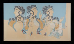 Peinture des Dames en Bleu restaurée de la fresque du Palais de Minos à Knossos (Dessin de fresque d