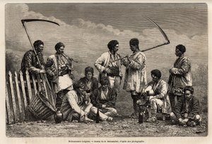 Les moissonneurs bulgares pendant leur pause, avec leurs faux et les objets de leur labeur quotidien : pipe, bouteille de vin et une sorte de biniou, gravure d