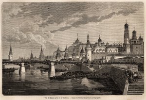 Vue générale de Moscou, prise de la Moskowa, dessin de Therond, pour illustrer le voyage de Shanghai à Moscou, de 1859 à 1862, de M. de Bourboulon, ministre de France en Chine. Gravure dans « Le tour du monde », édité par Edouard Charton